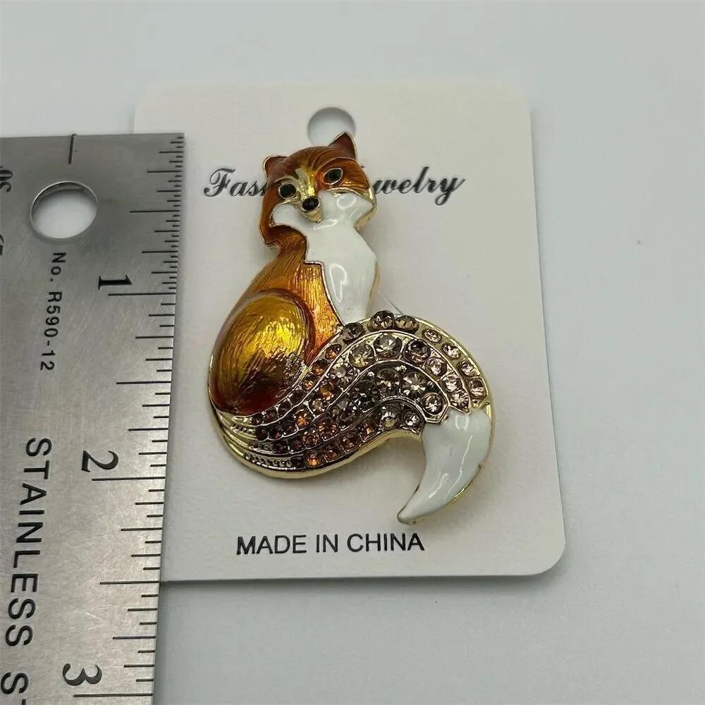 Vibrant Orange Small Enamel Fox Brooch with Rhinestone Accents Sparkle New